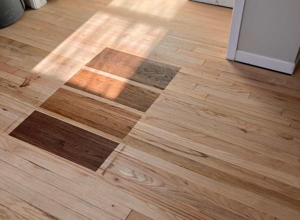 Hardwood floor refinishing with stain samples